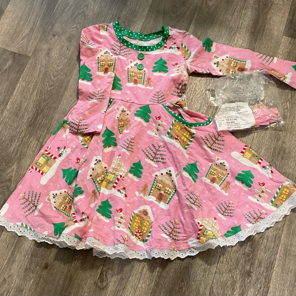 Pink Holiday Dress with Gingerbread and Tree Print